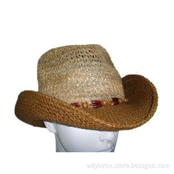 Fashion Cowboy Shape Women Straw Hats with Wooden Beads Tri